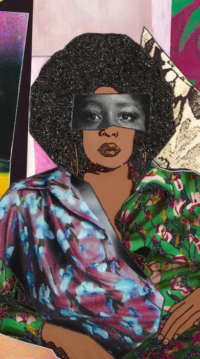 Oeuvre Afro Goddess Looking Forward : une femme noire représentée dans un décor coloré 