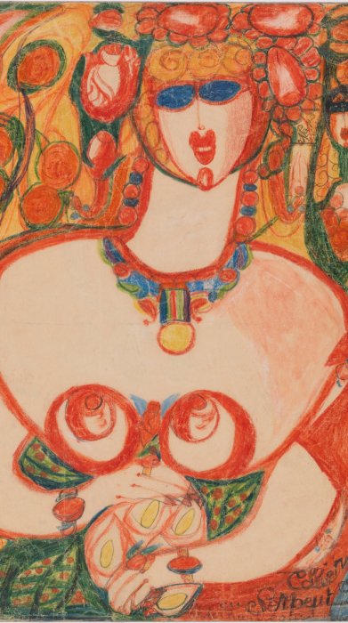 Un tableau coloré dans les tons orangés représentant une femme avec un collier