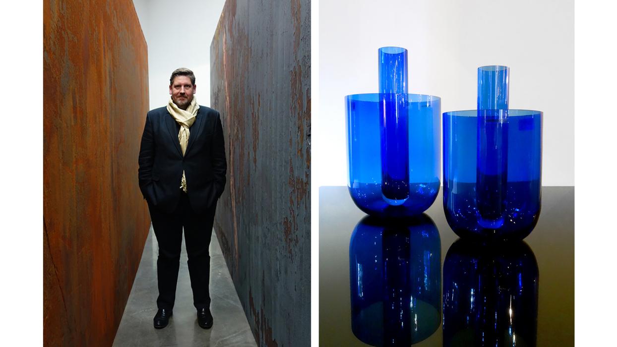 Portrait de Renaud Thiry et vue de ses solar vases