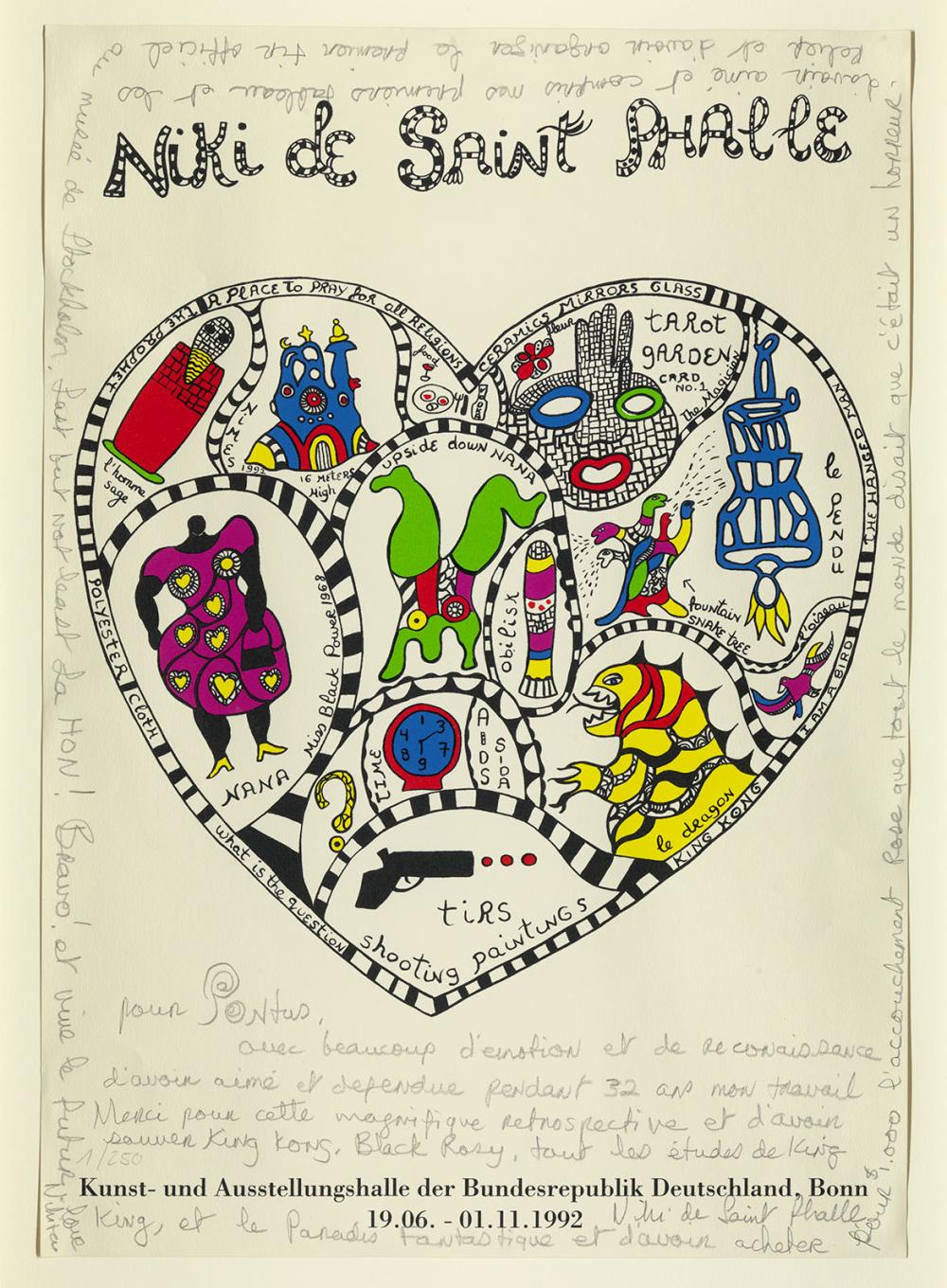 Affiche de Niki de Saint Phalle avec un coeur et des dessins colorés