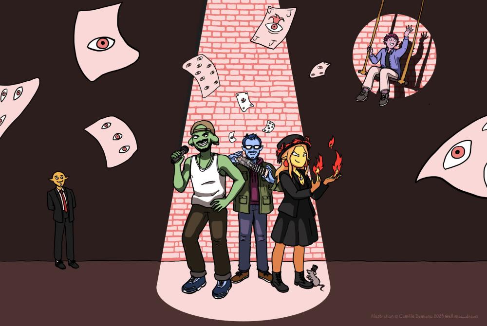 illustration sur le thème de la magie avec 3 personnages principaux faisant des tours