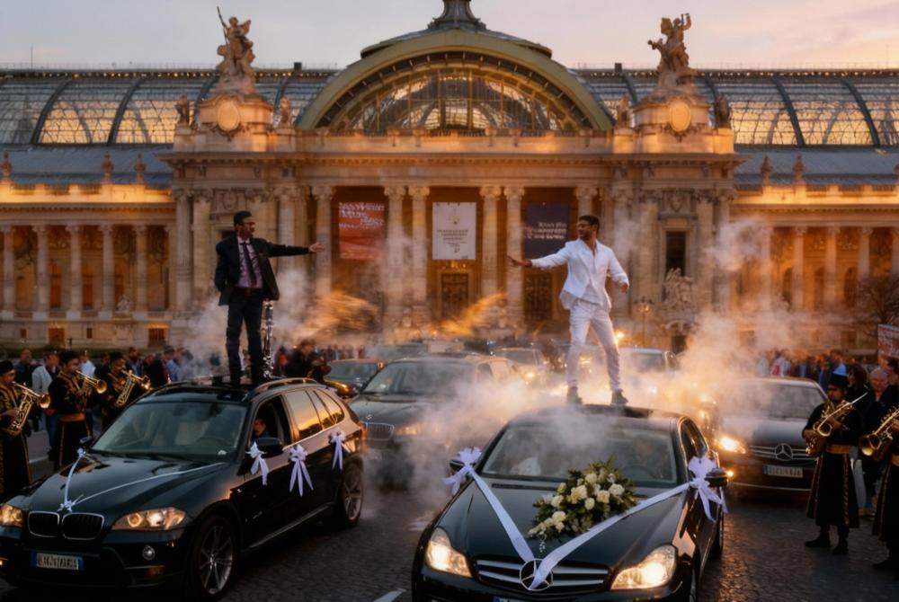 Visuel généré par IA montrant des voitures chars en parade devant le Grand Palais