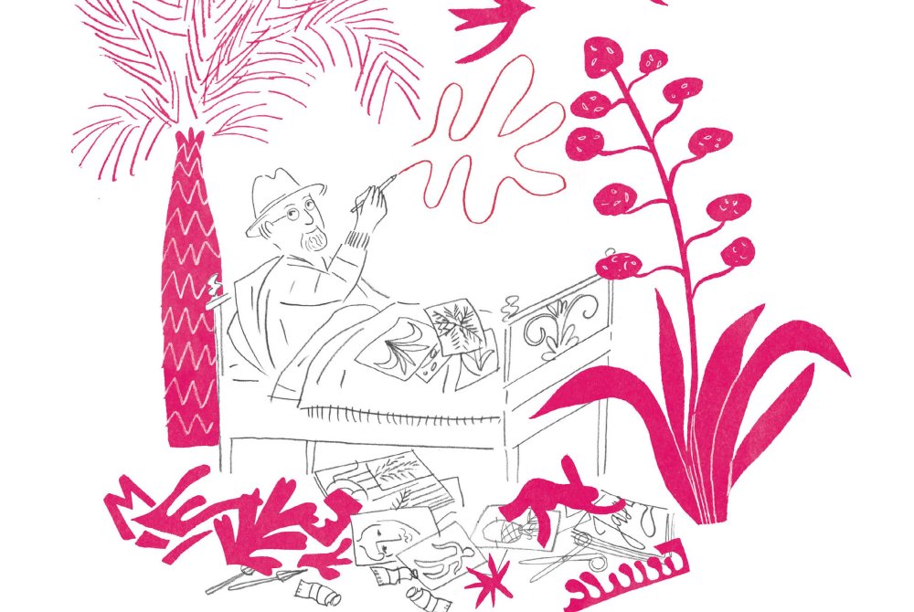 Cartel illustré présentant le "Nouveau départ" d'Henri Matisse. L'image représente l'artiste dans son lit, en train de peindre. 