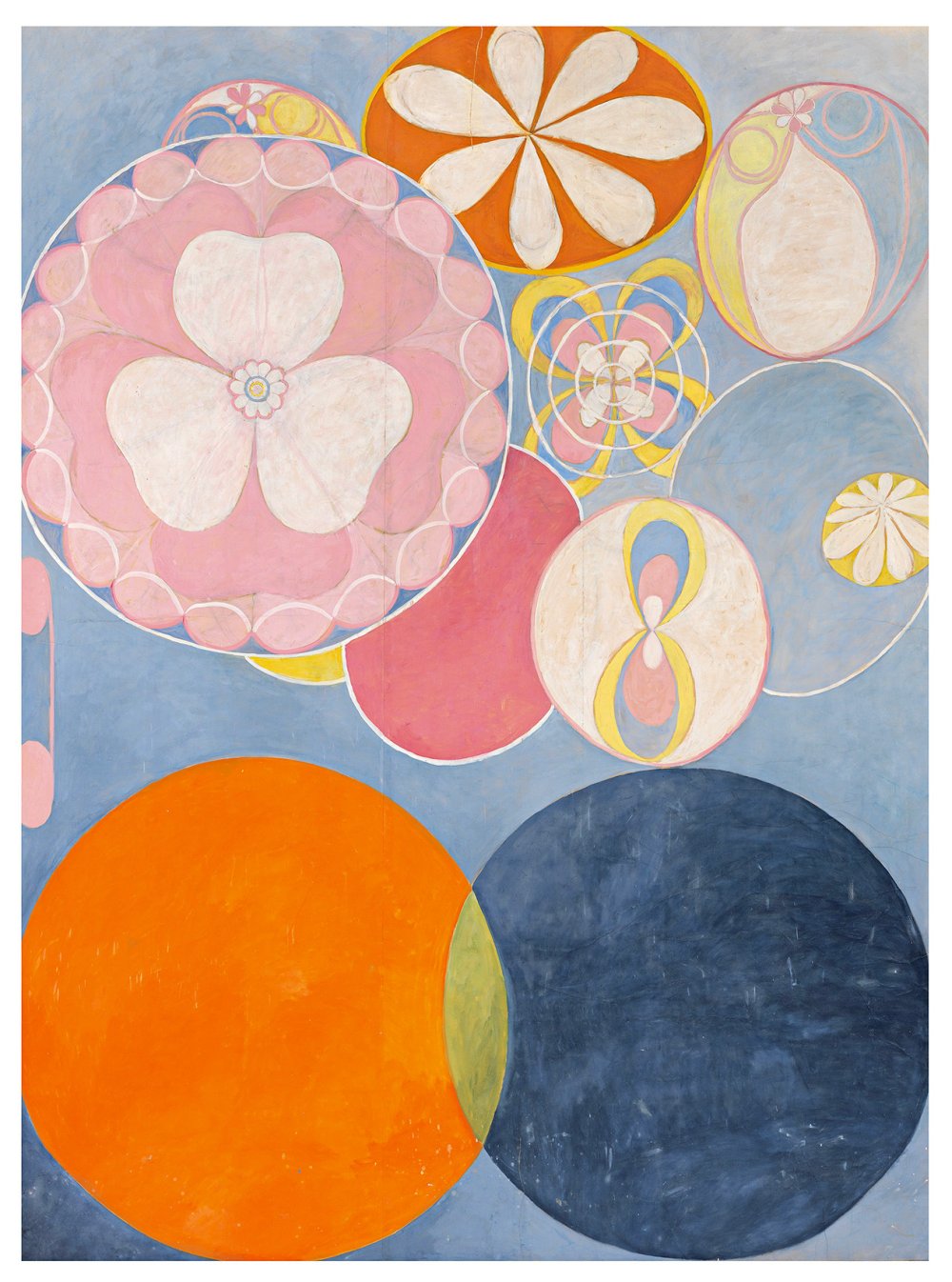 Une oeuvre de Hilma af Klint, issue de la série "Les Dix plus grands" : tons bleus, rosés et orangés, représentant des formes organiques et fleuries