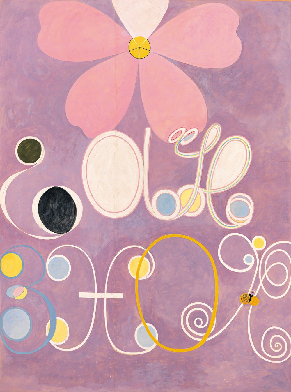 Oeuvre Les Dix plus grands, n° 5 (Âge adulte), dans les tons violet avec des fleurs et lettrages