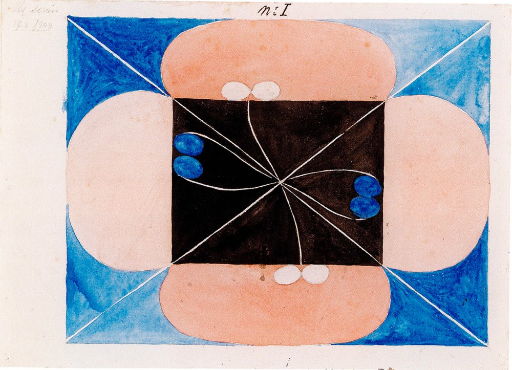 Oeuvre de Hilma af Klint représentant une fleur, dans des cercles et carrés, tons roses et bleus
