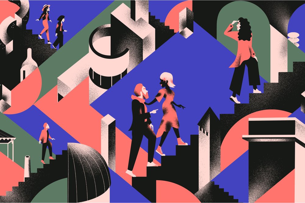 Création graphique, des personnages se baladent autour de monuments