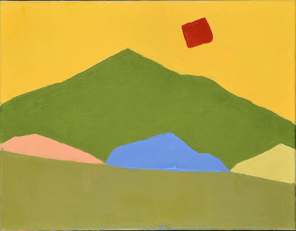 Visuel de l'œuvre "paysage" par Edel Adnan, une montagne verte sur fond jaune avec un soleil carré rouge