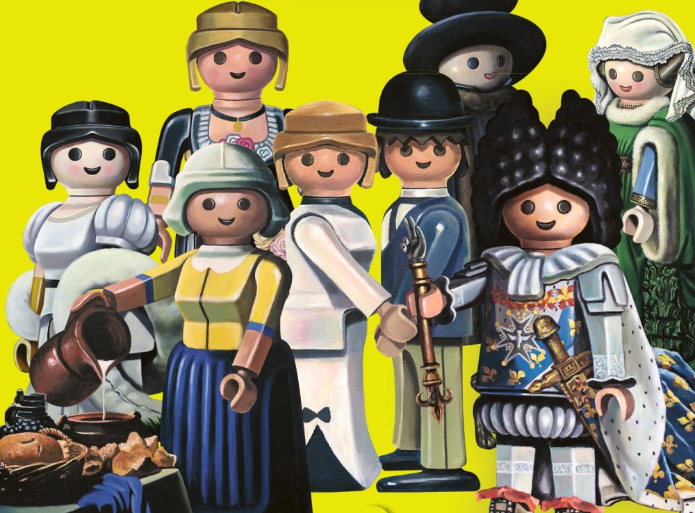 Extrait du visuel de couverture du livre "En avant les histoires de l'art" présentant des playmobil inspirés de personnages de l'histoire de l'art
