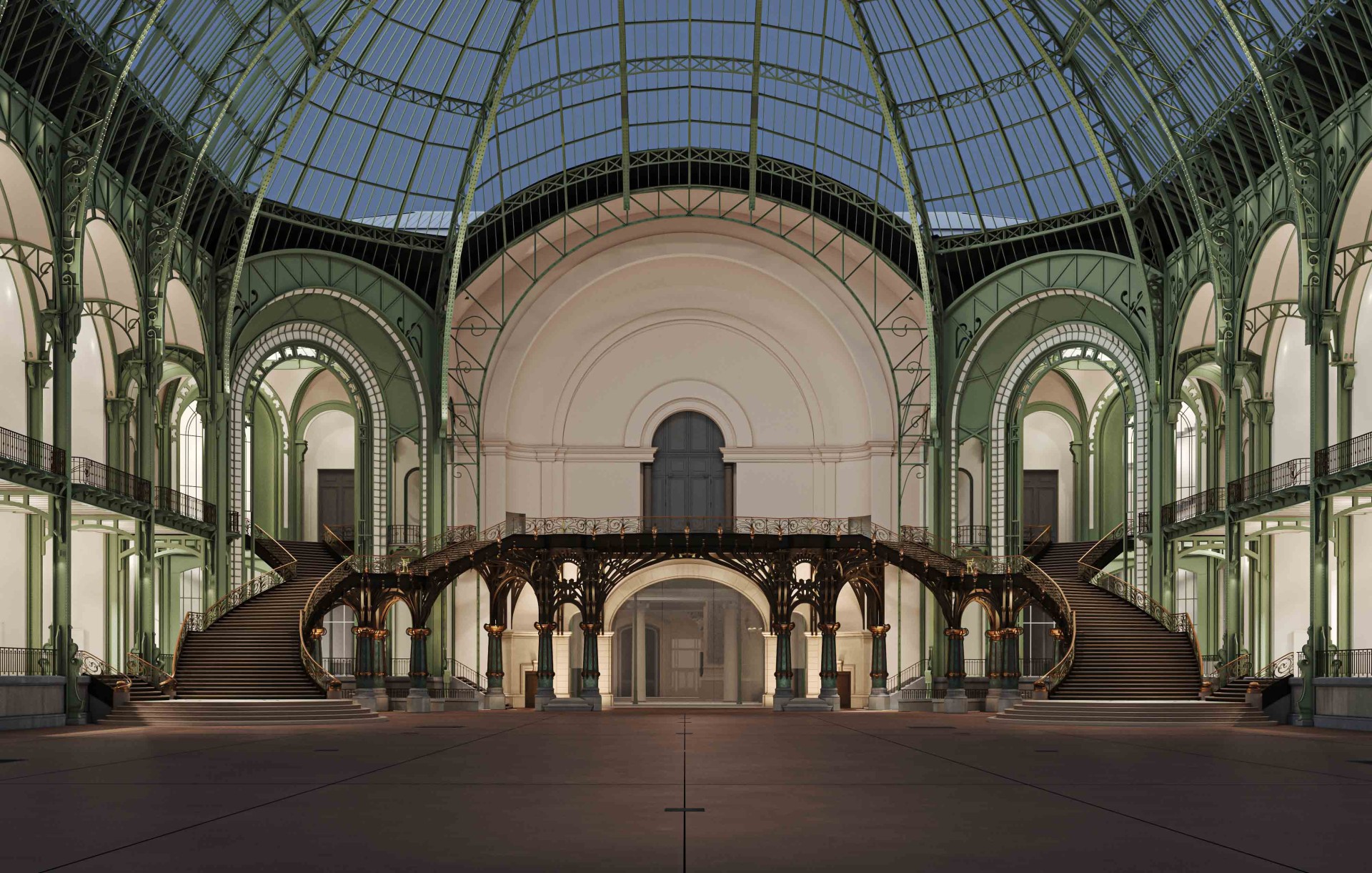Nef – centrale, vue de l’escalier d’honneur© Chatillon architectes pour la Rmn – Grand Palais 2023 