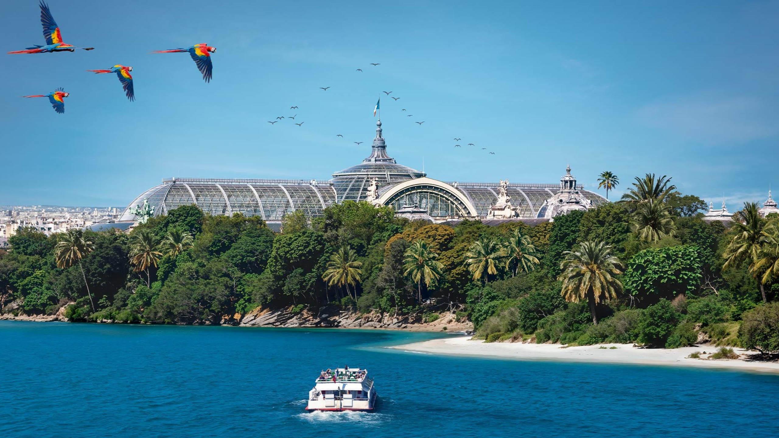 Représentation du Grand Palais sur une île, bordé d'eau, ou il est écrit "Vibrer dans un Grand Palais ou l'été est une fête"
