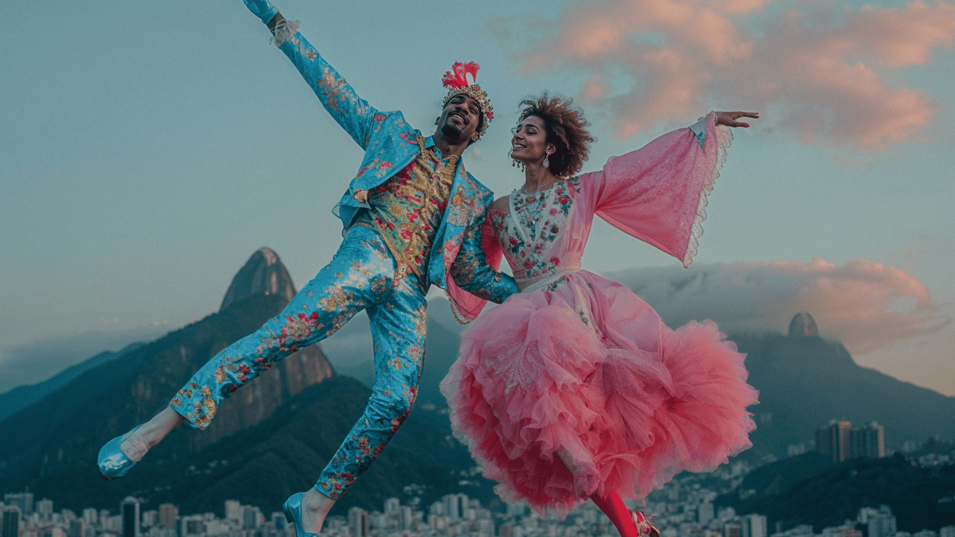 Un couple costumé danse devant un paysage brésilien