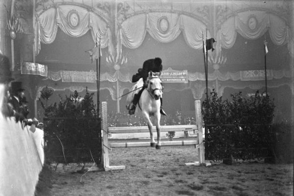 Un cheval et son cavalier sautent un obstacle dans le Nef du Grand Palais