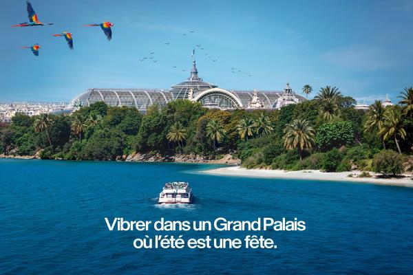 Représentation du Grand Palais sur une île, bordé d'eau, ou il est écrit "Vibrer dans un Grand Palais ou l'été est une fête"