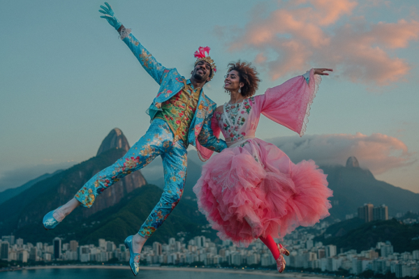 Un couple costumé danse devant un paysage brésilien