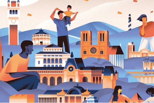 Illustration avec les grands monuments de Paris et quelques personnages