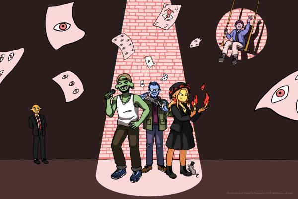 illustration sur le thème de la magie avec 3 personnages principaux faisant des tours