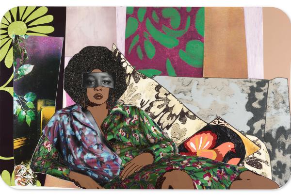 Oeuvre de Mickalene Thomas, une femme noire allongée sur un sofa 