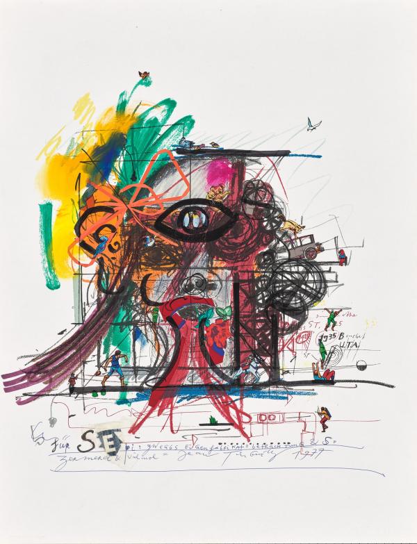 Oeuvre de Jean Tinguely représentant le Cyclop, en couleur
