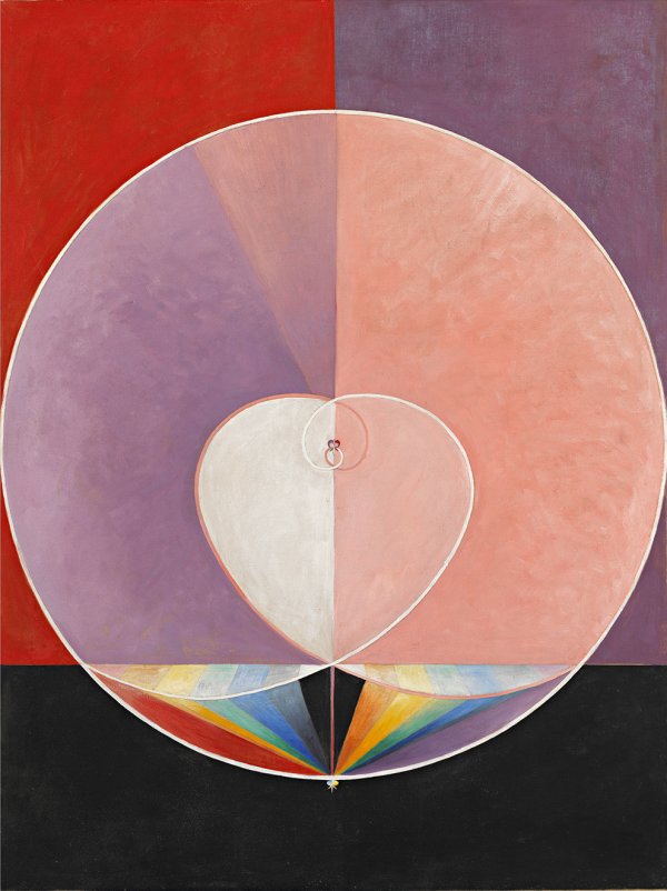 Oeuvre abstraite d'Hilma af Klint entre formes en couleurs (tons rouges, rosés, violet)