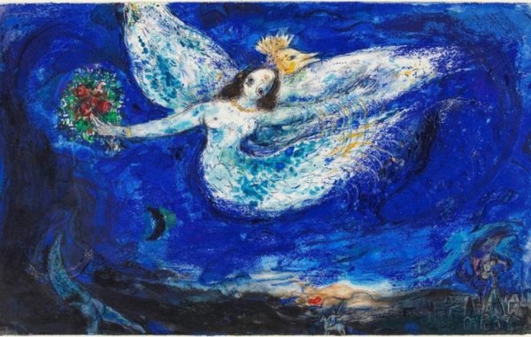 Marc Chagall, Maquette pour la toile de fond de “L’Oiseau de feu” de Stravinsky : La forêt enchantée, 1945. Gouache, encre de Chine, pastel, crayons de couleur et collages de papier doré sur papier contrecollé sur carton, 38,1 x 63,7 cm. Collection Centre Pompidou, Paris / Musée national d’art moderne - Centre de création industrielle.  Don de Bella et Meret Meyer en 2023. 