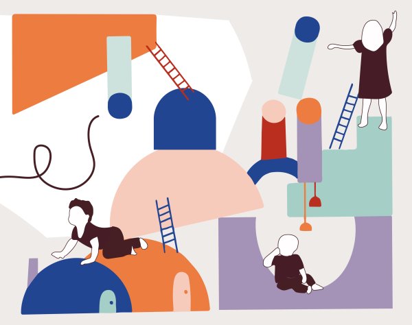 Infographie présentant des enfants et des formes de couleur