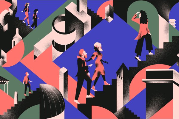 Création graphique, des personnages se baladent autour de monuments