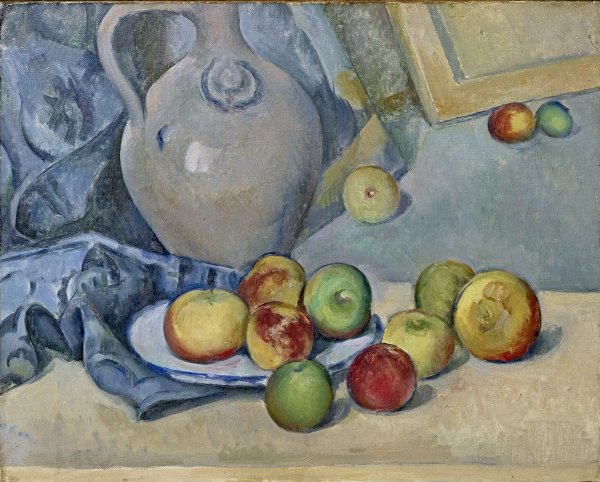 Huile sur toile de Paul Cezanne représentant un pichet et des pommes colorées sur une table