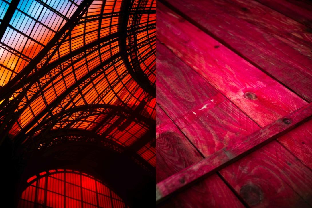 Détail de la verrière et de bois dans les tons rouges