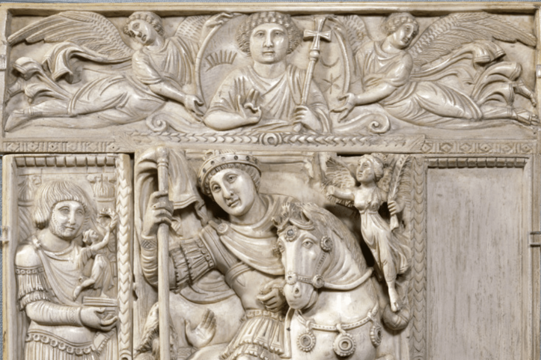 Feuillet de diptyque en cinq parties : l'Empereur triomphant (Justinien ?) dit Ivoire Barberini