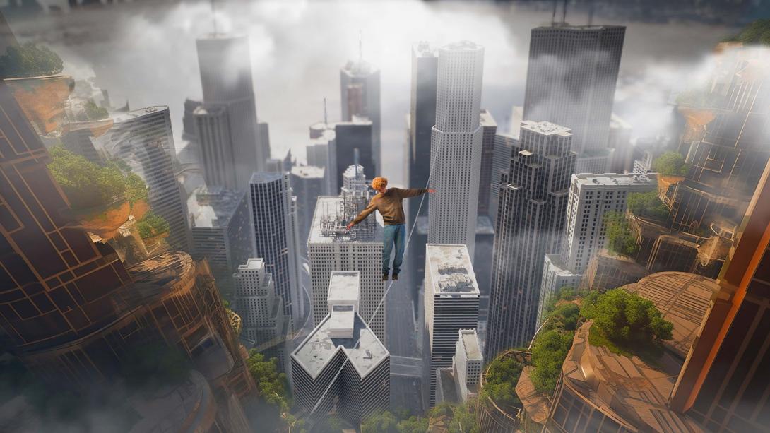 Image de synthèse - un funambule au dessus de la ville