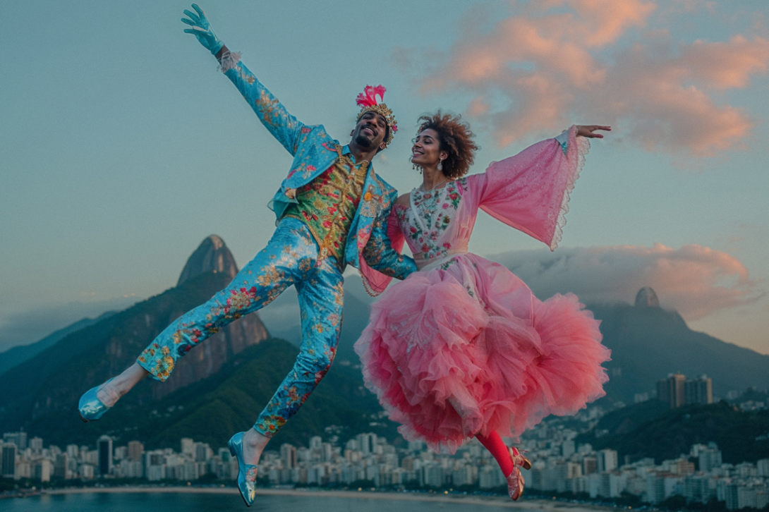 Un couple costumé danse devant un paysage brésilien