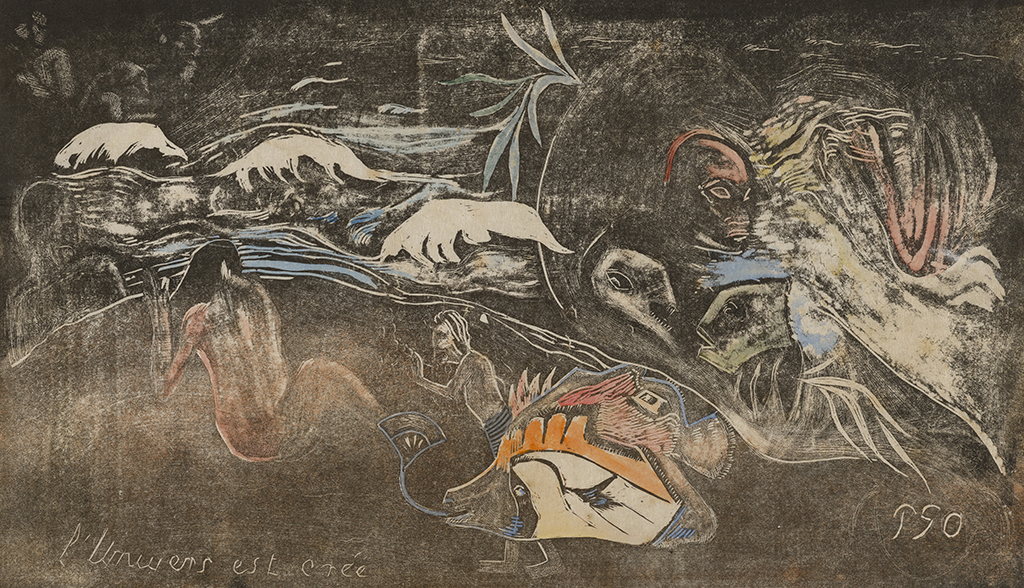 Paul Gauguin (1848-1903) L'Univers est créé, 1893-1894 Suite Noa Noa, 3e état (sur trois) Gravure sur bois de buis tirée en nuance de noir et marron avec rehauts d'aquarelle rose, orange, verte, bleue et jaune sur papier Japon crème ; H. 20.3; L. 35.3 cm (image); H. 20.5; L. 35.6 cm (feuille) The Art Institute of Chicago, Etats-Unis ; collection Clarence Buckingham