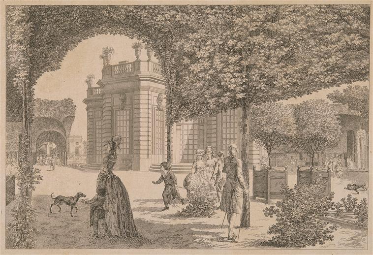 Vue du château de Trianon prise dans le jardin français Née François Denis (1732-1817) Lespinasse Louis Nicolas de (1734-1808) Versailles, châteaux de Versailles et de Trianon