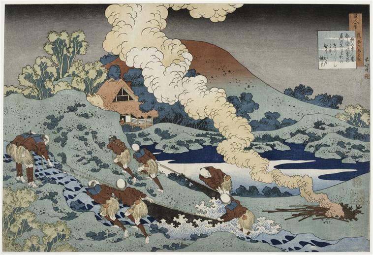 Une estampe nishike-e de Katsushika Hokusai (1760-1849) Série des Cent poèmes de cent poètes expliqués par la nourrice, 1835 Paris, musée Guimet - musée national des Arts asiatiques ©RMN (musée Guimet, Paris) / Harry Bréjat