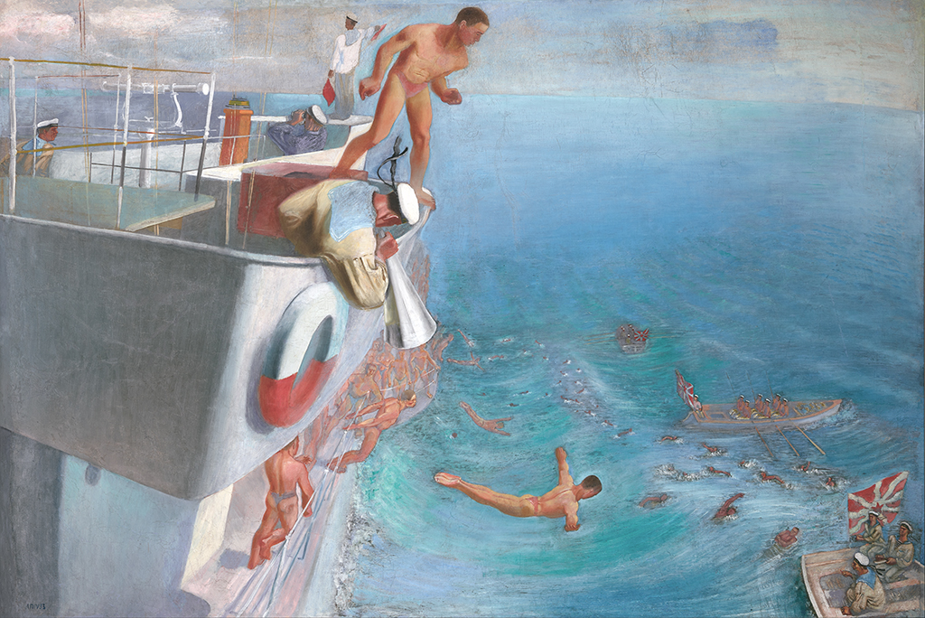 Alexeï Pakhomov : Le Bain  des marins de la flotte rouge depuis  le bord du navire, 1933 ; huile  sur toile, 140 × 208 cm Moscou, Galerie nationale Tretiakov