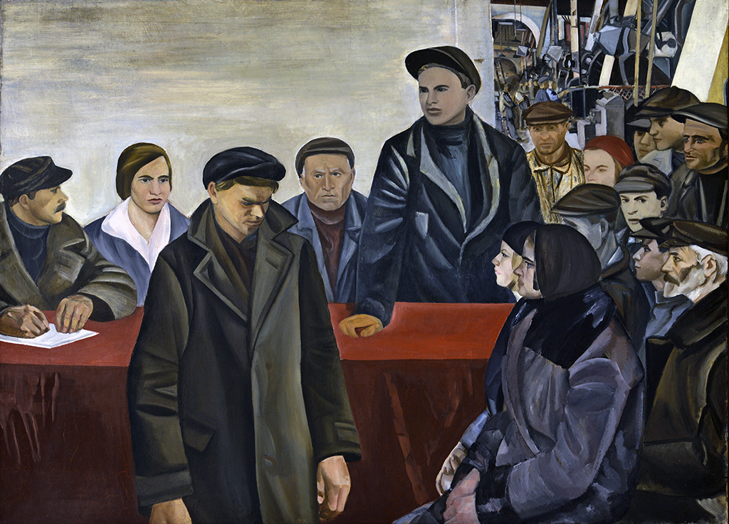 Nikolaï Sneïder: Le Procès du tire-au-flanc, 1931 ; huile sur toile,  149 × 200 cm Moscou, Musée d’État et Centre d’exposition ROSIZO 